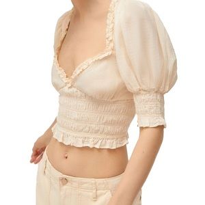 UO May Smocked Puff Sleeve Cropped Top